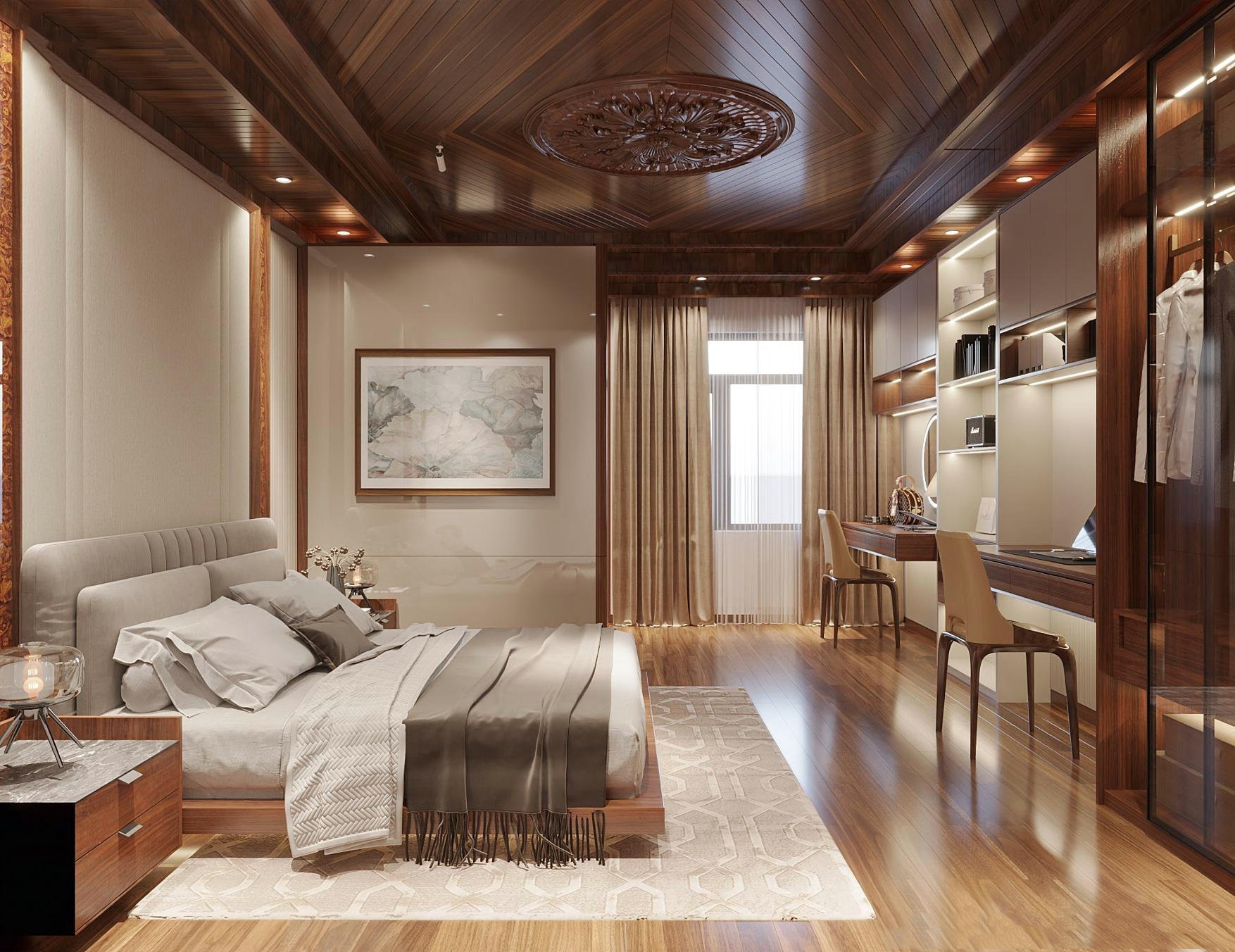 Phòng ngủ vợ chồng hiện đại, sang trọng bằng gỗ óc chó